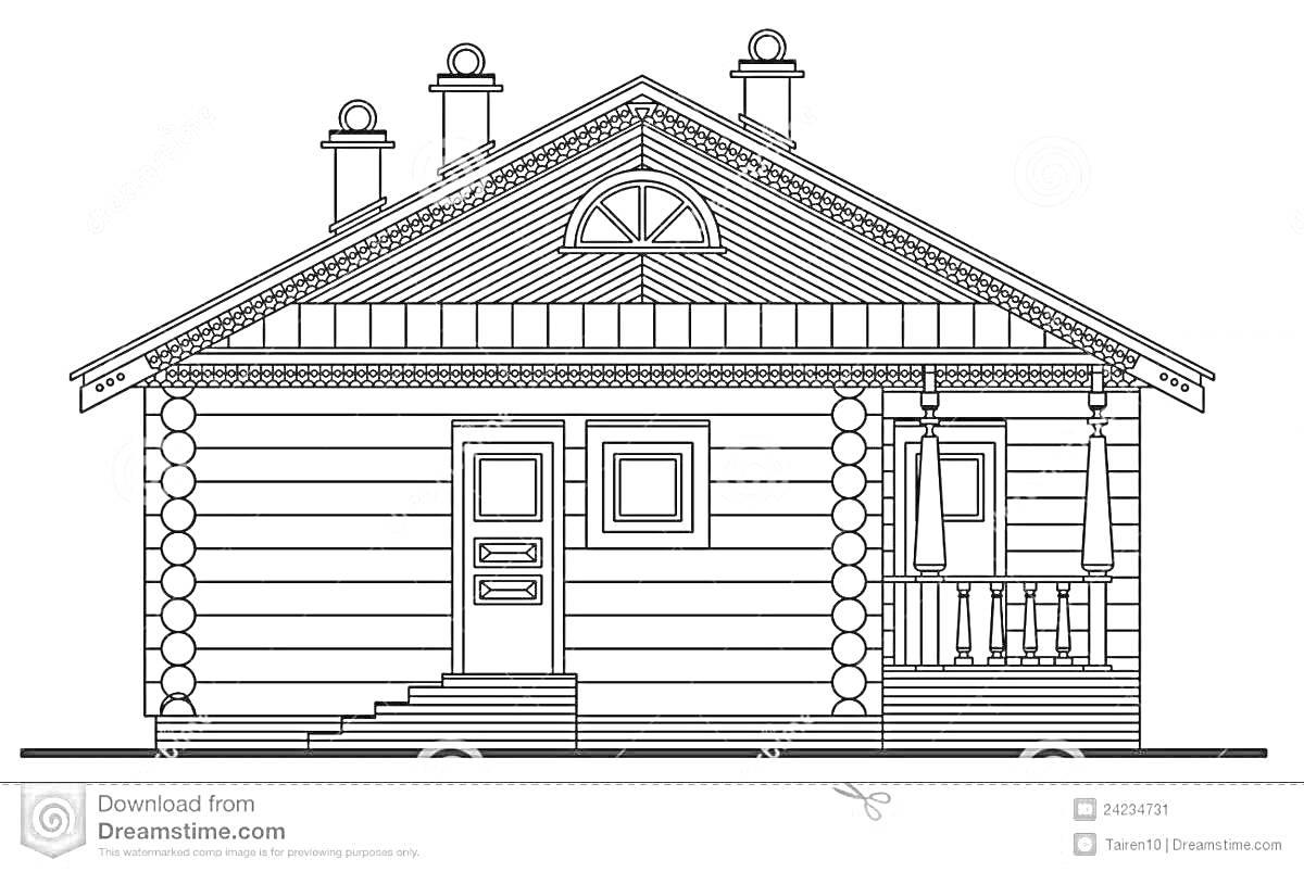 Раскраска Деревянный дом с тремя трубами, двумя окнами, крыльцом и лестницей