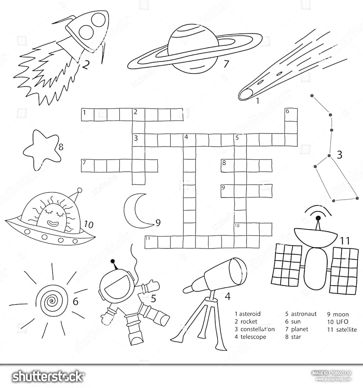 На раскраске изображено: Ракета, Метеор, Телескоп, Астронавт, Луна, НЛО, Космос, Кроссворд