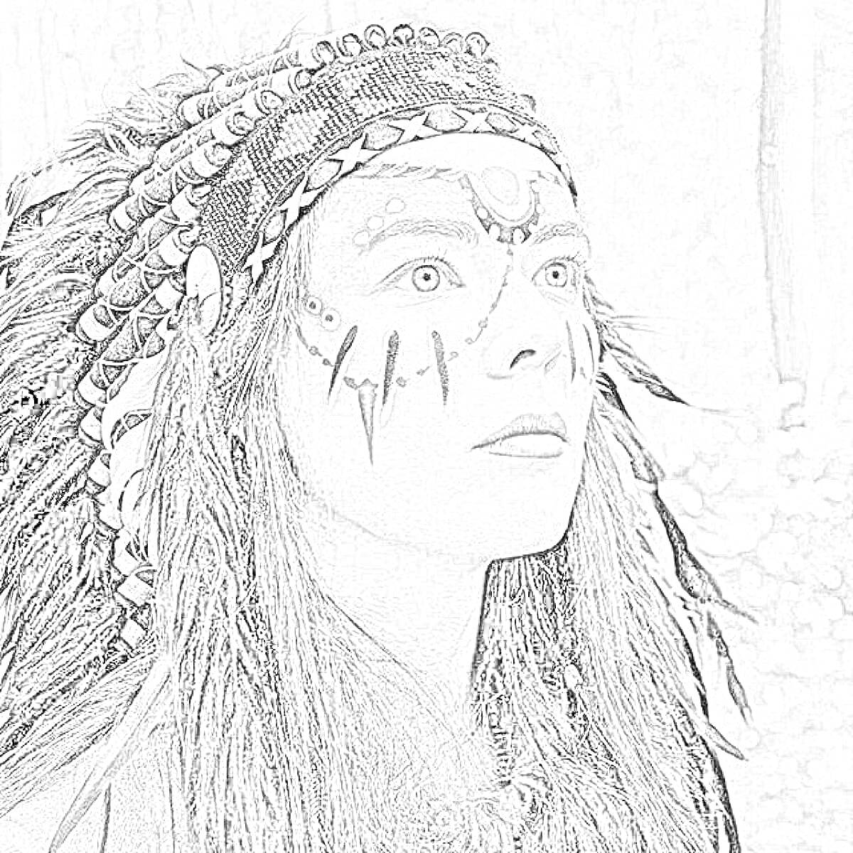 Раскраска Индейский головной убор из перьев, лицо с боевой раскраской, лесной фон