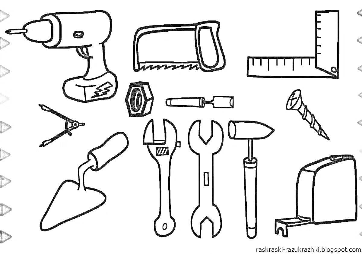 На раскраске изображено: Строительные инструменты, Дрель, Угольник, Циркуль, Гаечный ключ, Молоток, Болты