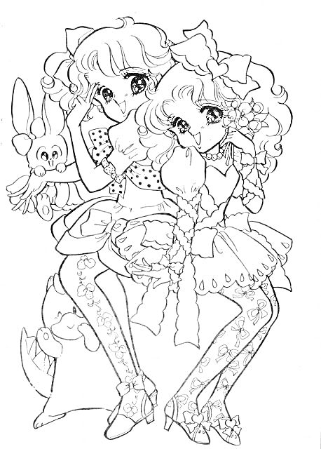 Раскраска Две девочки в платьях с цветочным узором и бантами, сидящие рядом с плюшевым кроликом