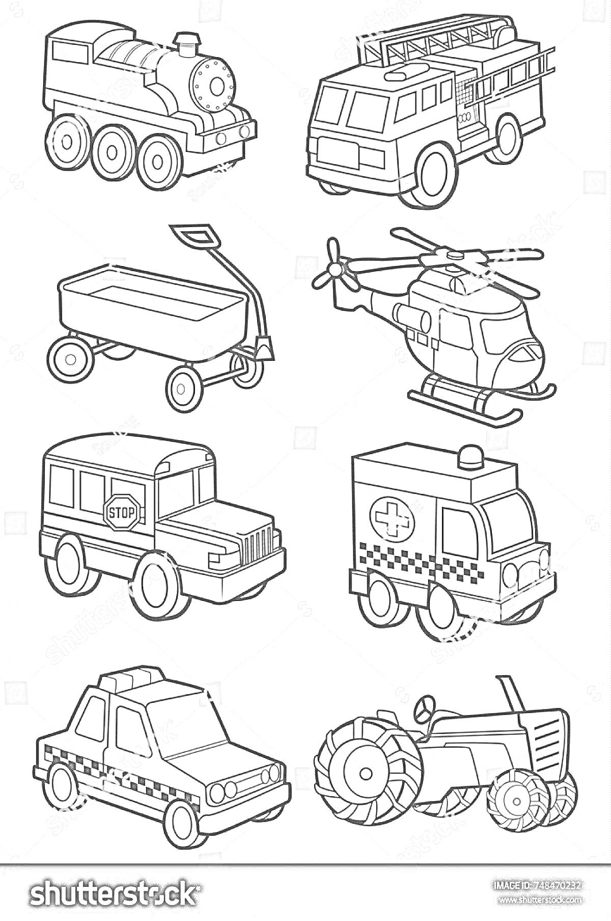 На раскраске изображено: Специальный транспорт, Паровоз, Пожарная машина, Самосвал, Вертолет, Школьный автобус, Машина скорой помощи, Полицейская машина, Трактор