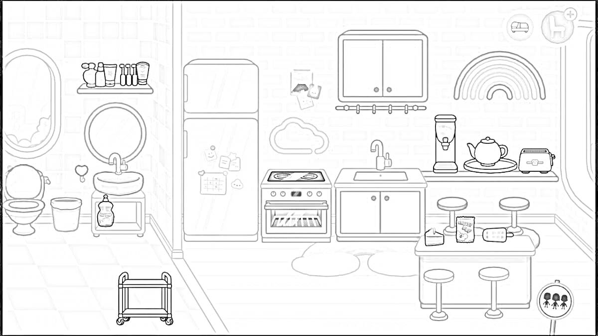 На раскраске изображено: Кухня, Тока бока, Холодильник, Плита, Раковина, Обеденный стол, Посуда, Игра, Радуги, Шкаф