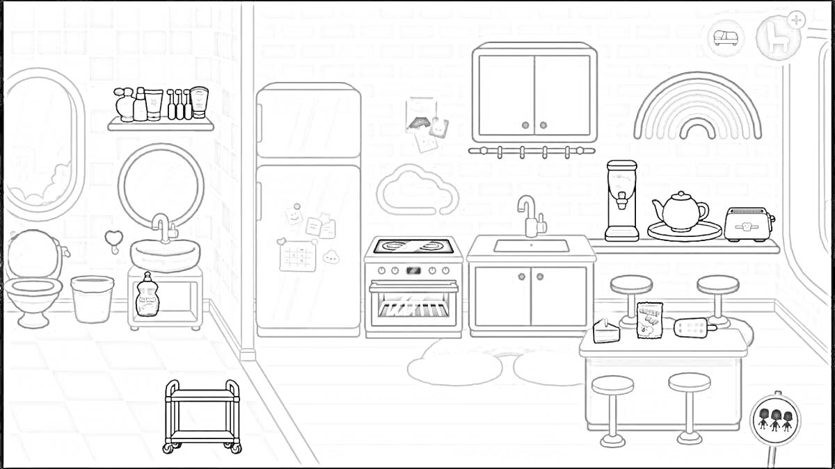 На раскраске изображено: Кухня, Тока Бока, Холодильник, Плита, Раковина, Обеденный стол, Табуреты, Посуда, Игра, Радуги, Шкаф