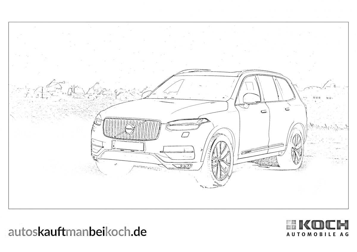 Раскраска Вольво XC90 на фоне природы с логотипом KOCH Automobil AG и текстом autoskauftmanbeikoch.de