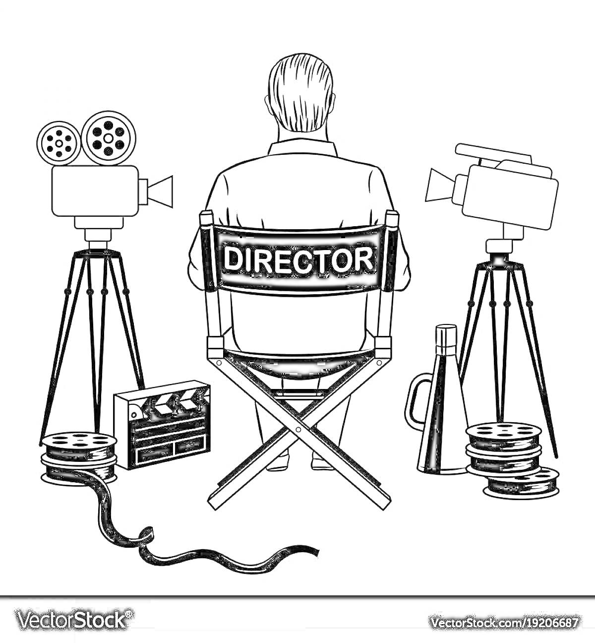 Раскраска Режиссер на съемочной площадке: режиссерское кресло, стул с надписью 