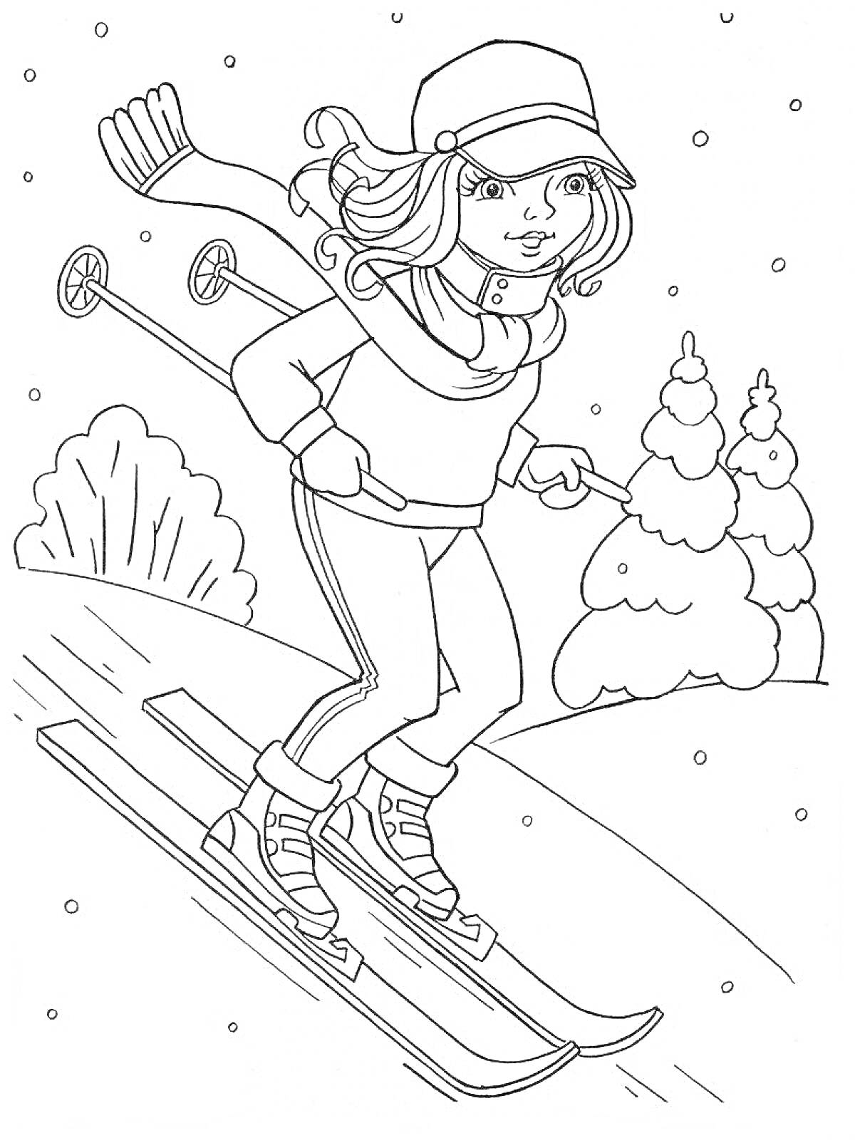 На раскраске изображено: Зима, Девочка, Лыжи, Спорт, Снег, Деревья, Шапка, Шарф, Лыжные палки, Активность