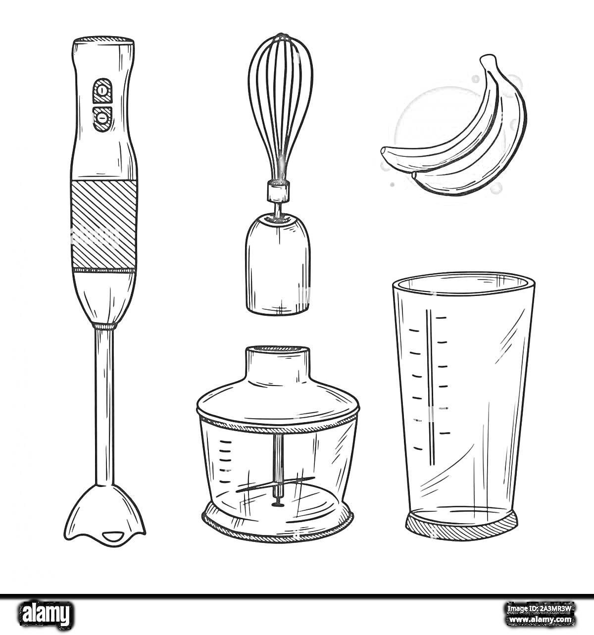 Раскраска погружной блендер с насадкой-венчиком, чаша, мерный стакан и бананы