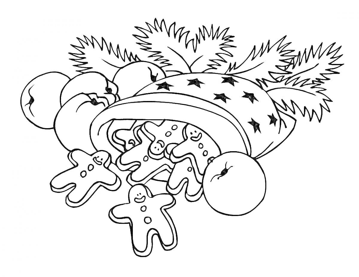 На раскраске изображено: Пряничные человечки, Новогодняя шапка, Рождество, Новогодний декор, Сладости