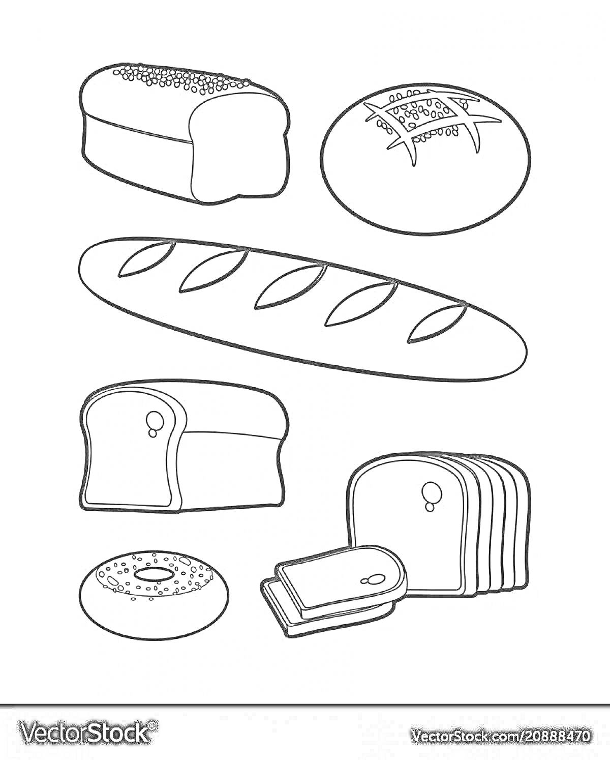 На раскраске изображено: Батон, Хлеб, Булка, Ломтики, Выпечка, Буханка, Круглая
