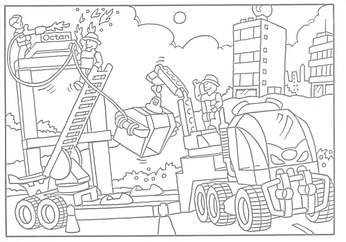 Раскраска строители на строительной площадке; один рабочий на лестнице с инструментами; другой управляет большой машиной с ковшом; позади строительного крана видна грузовик; на переднем плане строительные барьеры; на заднем плане многоэтажные здания.