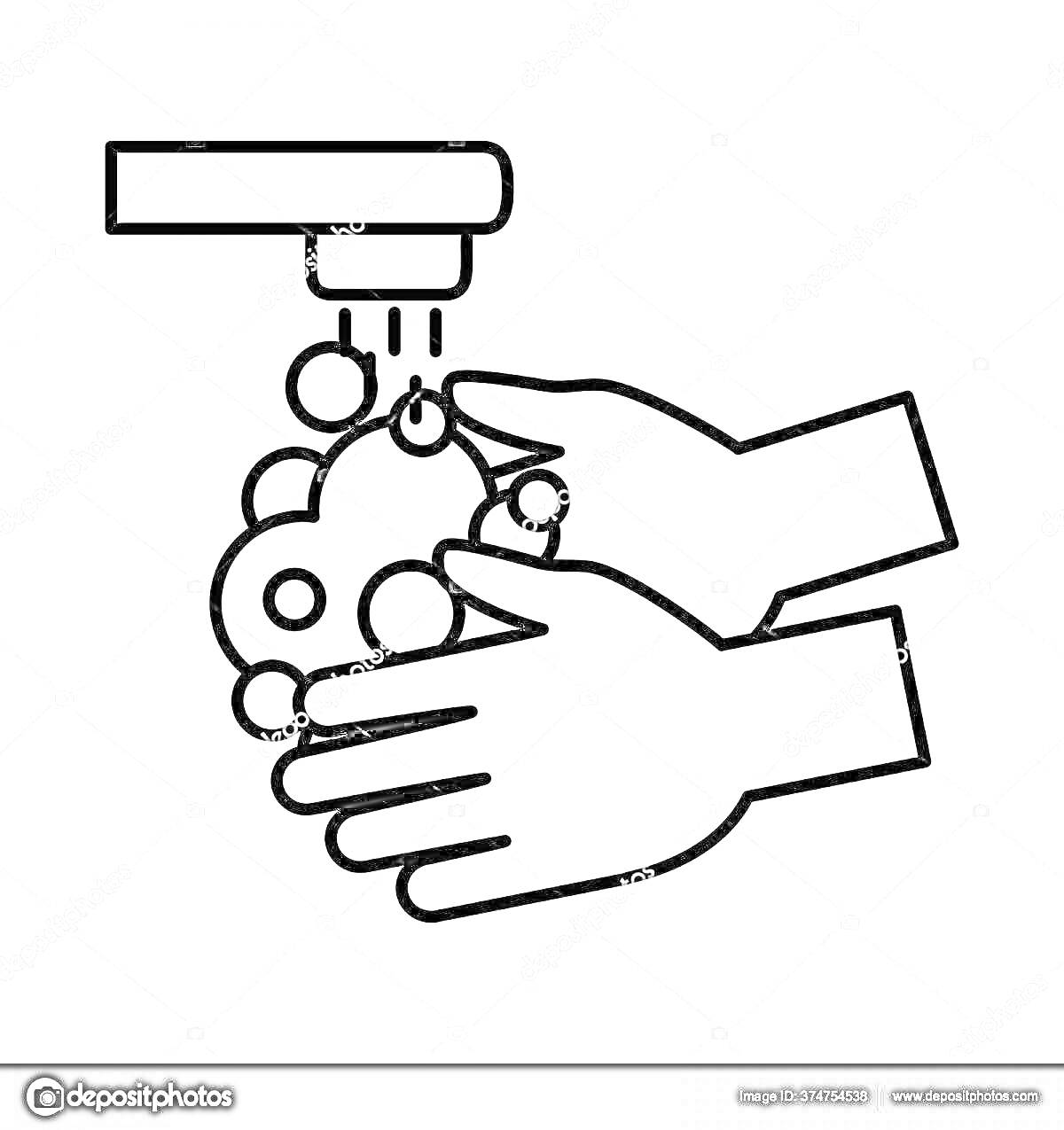 Раскраска Мыть руки, включенный кран, мыльная пена, руки под водой