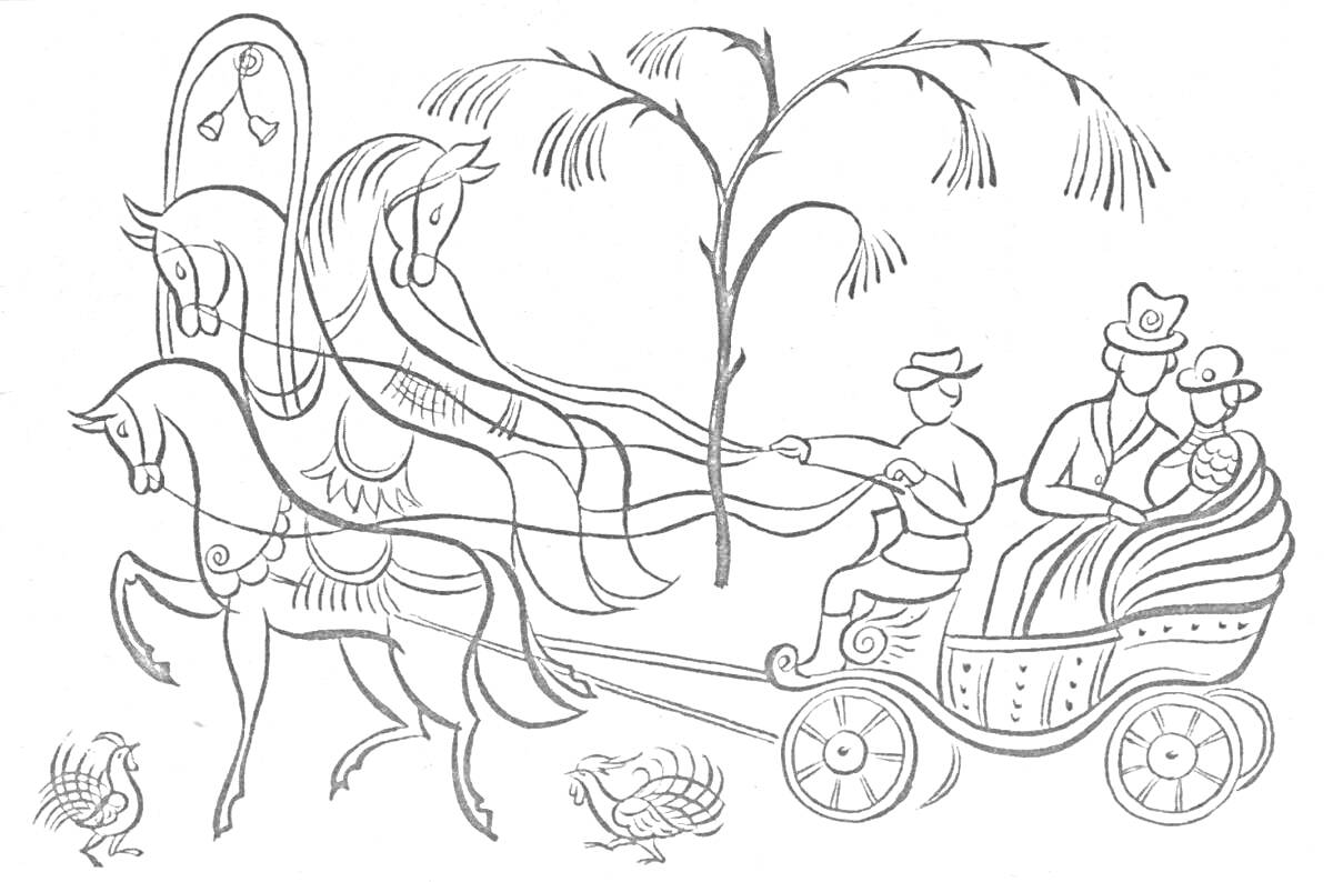 На раскраске изображено: Городецкая роспись, Карета, Пассажиры, Ива, Традиционное искусство