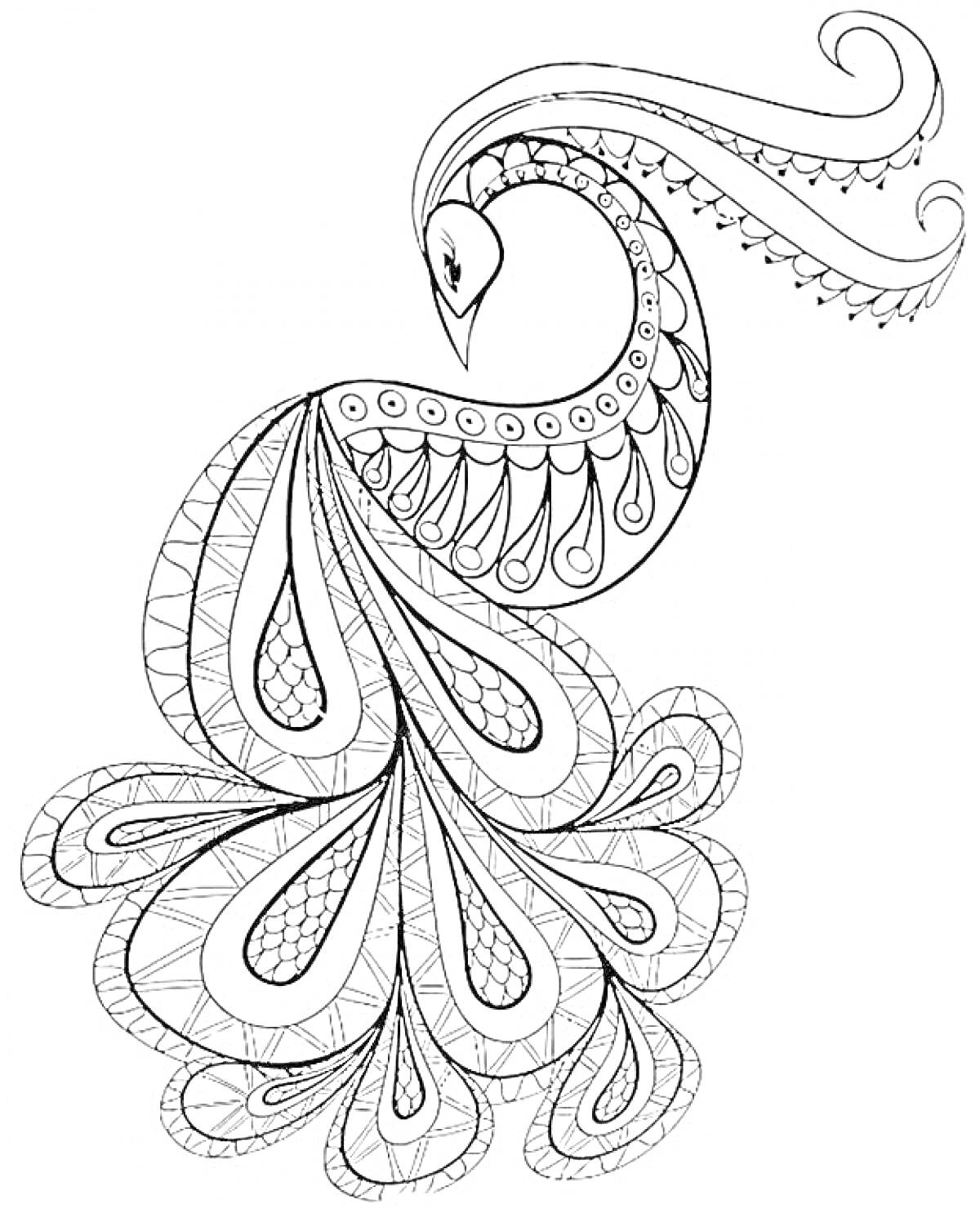 Раскраска Антистресс раскраска павлин с узорами и декоративными элементами на хвосте и теле