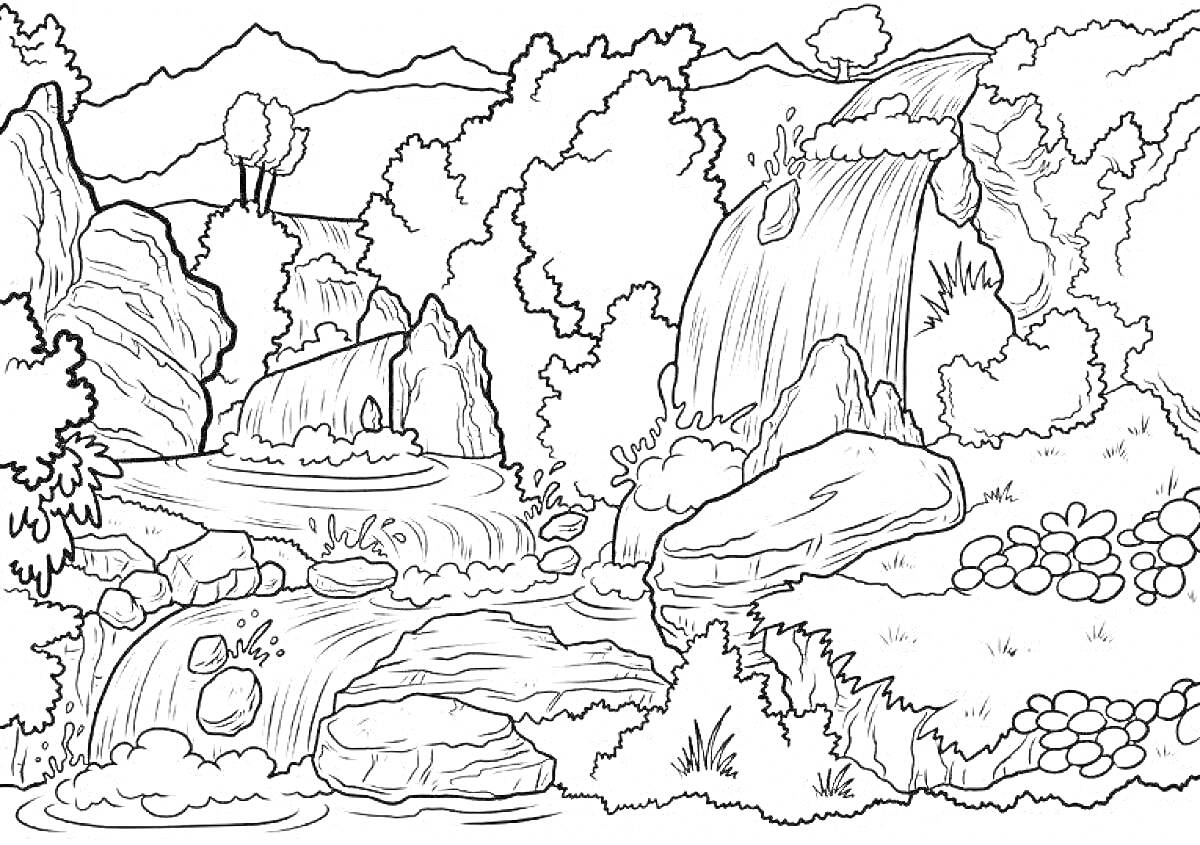 Раскраска Горная природа с водопадом, деревьями и кустарниками