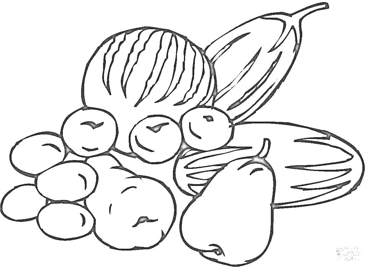 На раскраске изображено: Арбуз, Овощи, Фрукты, Овощи и фрукты