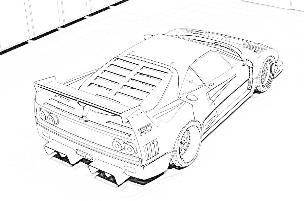 Раскраска Вид сзади на Nissan Skyline R34 в гараже с деталями кузова, включая большое заднее антикрыло, вентиляционные отверстия на заднем стекле, виниловые наклейки и широкие колеса