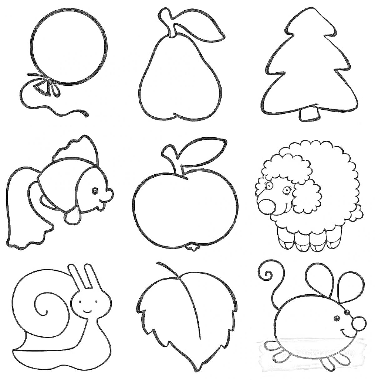 Раскраска воздушный шарик, груша, ёлка, рыбка, яблоко, овечка, улитка, листок, мышка