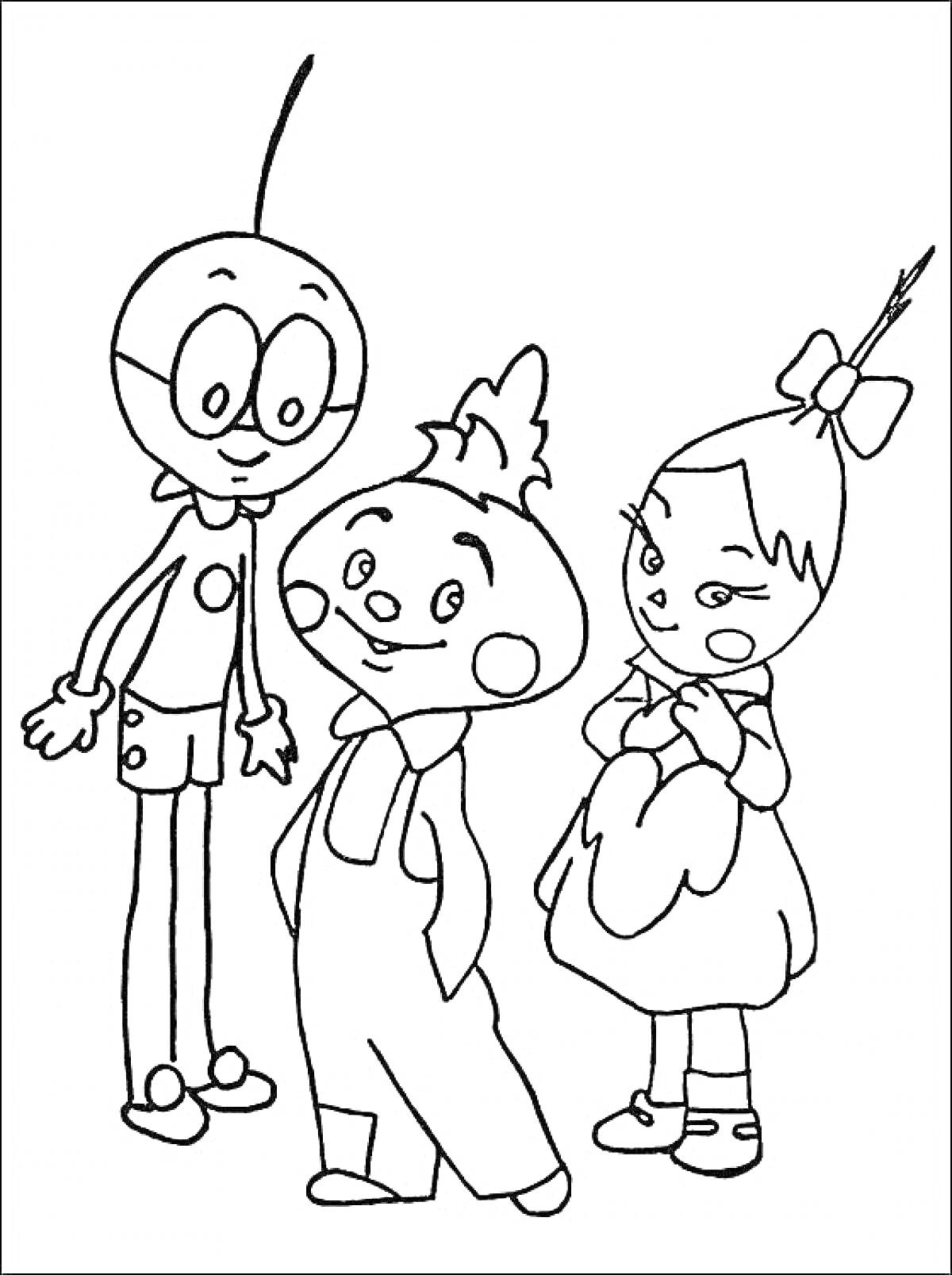 Раскраска Чиполлино и друзья - Чиполлино в комбинезоне, мальчик с очками и девочка с бантом