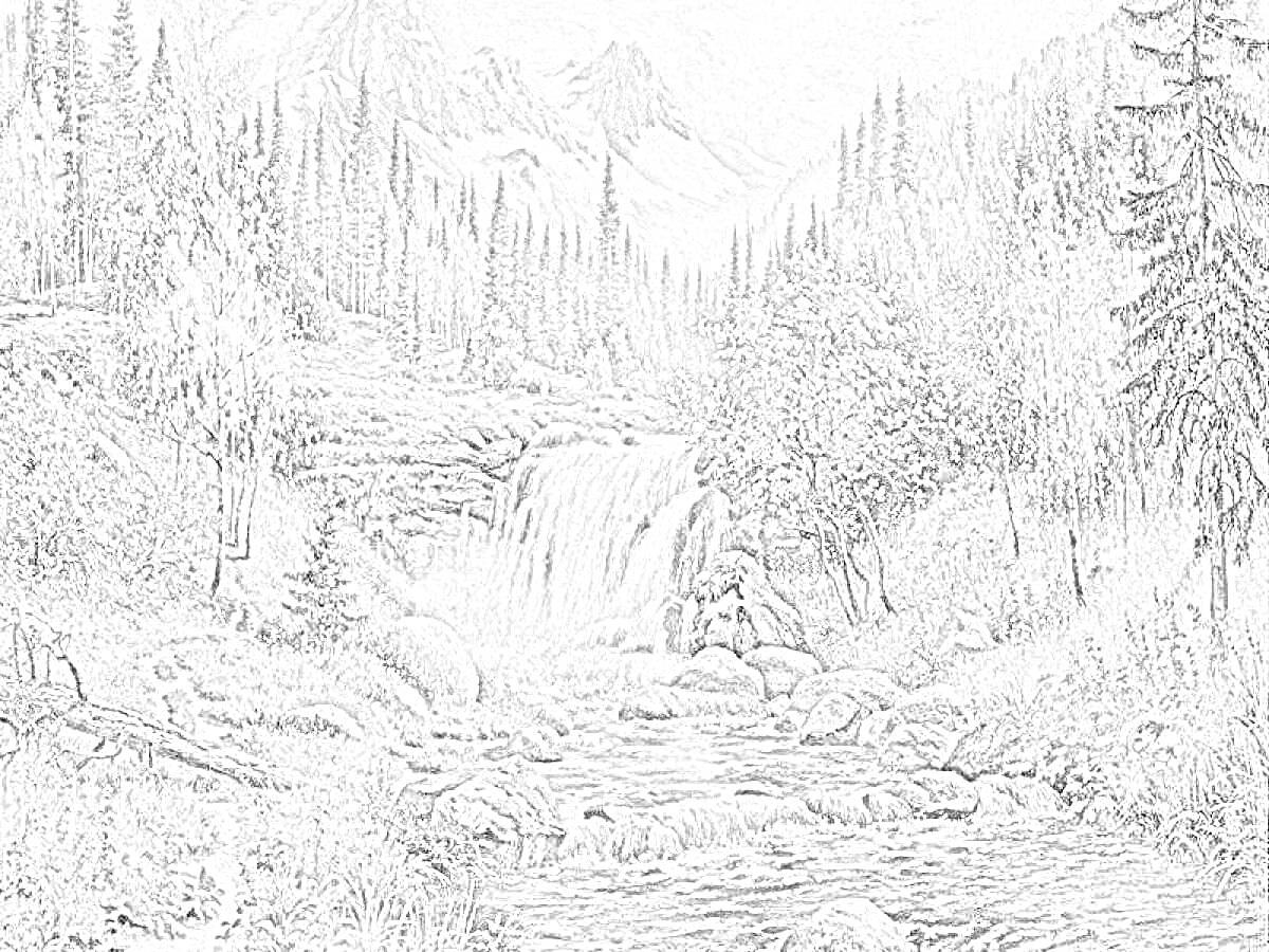 Раскраска Горный пейзаж с водопадом, ручьем, деревьями и горами вдалеке.