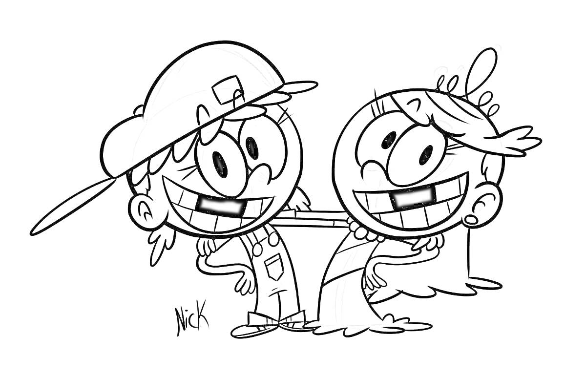 Раскраска две улыбающиеся персонажа, один в комбинезоне и кепке, второй в платье и с бантом