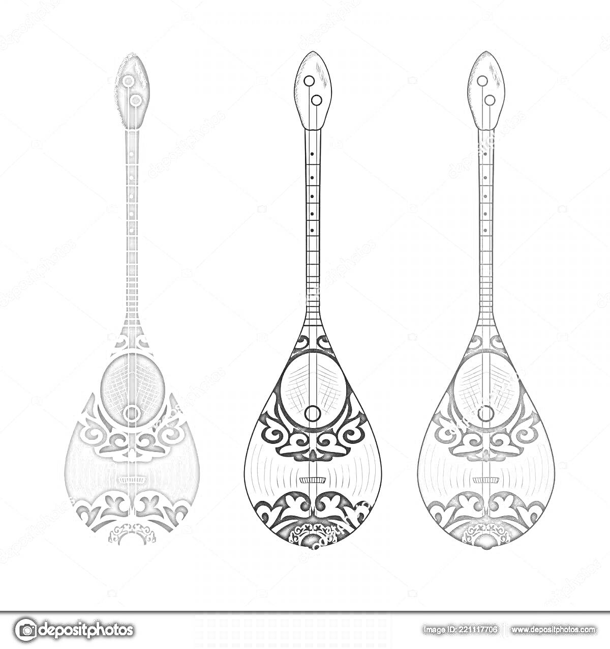Раскраска Три домбыры с орнаментами: контур, частично раскрашенная, полностью раскрашенная