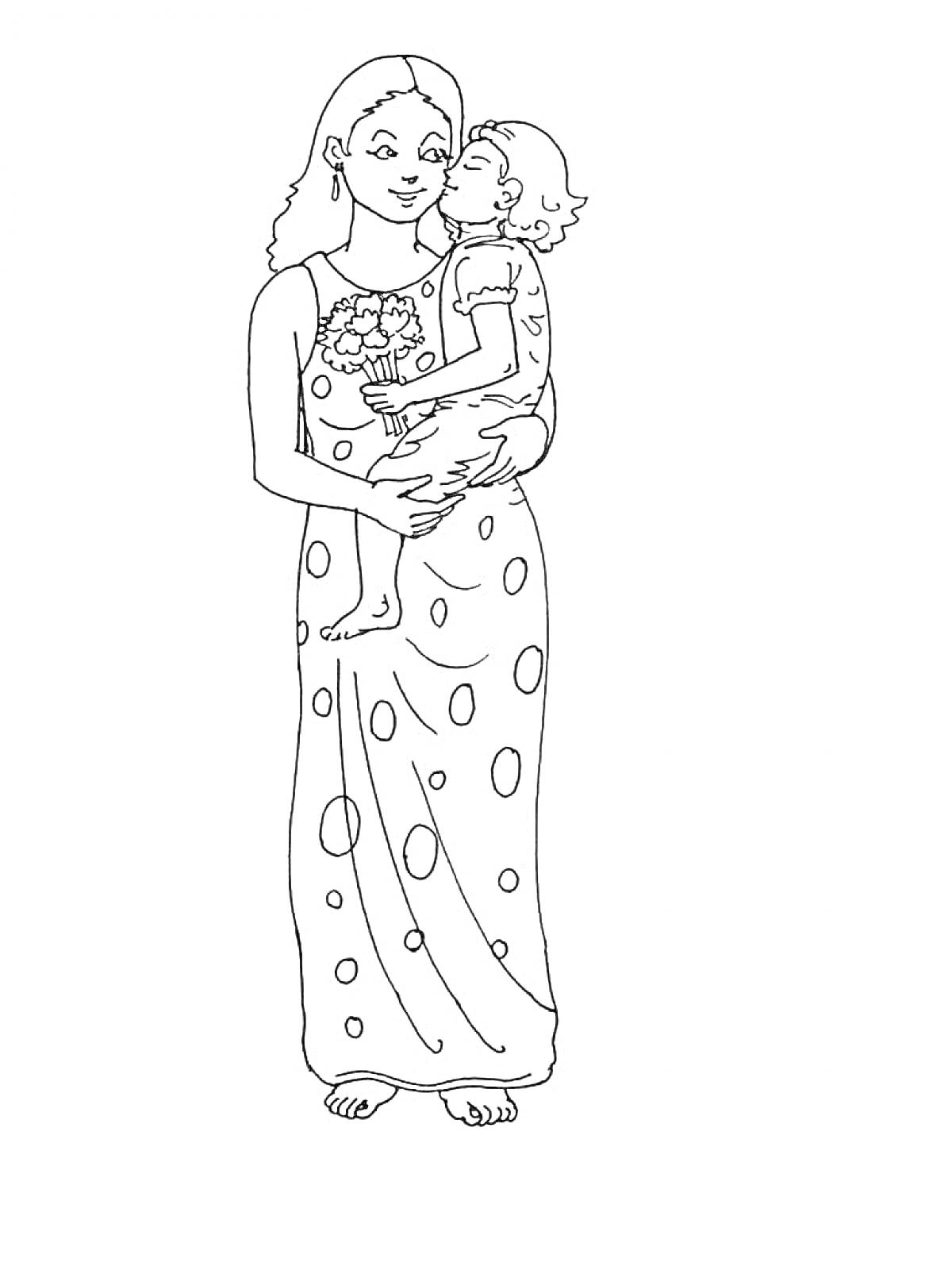 На раскраске изображено: Мама, Ребёнок, Цветы, Платье, Объятия, Любовь, Семья, Круги