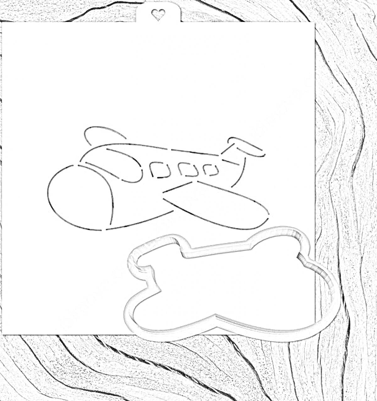 Раскраска Самолет-пряник с формочкой и вырезанной открыткой сердцем