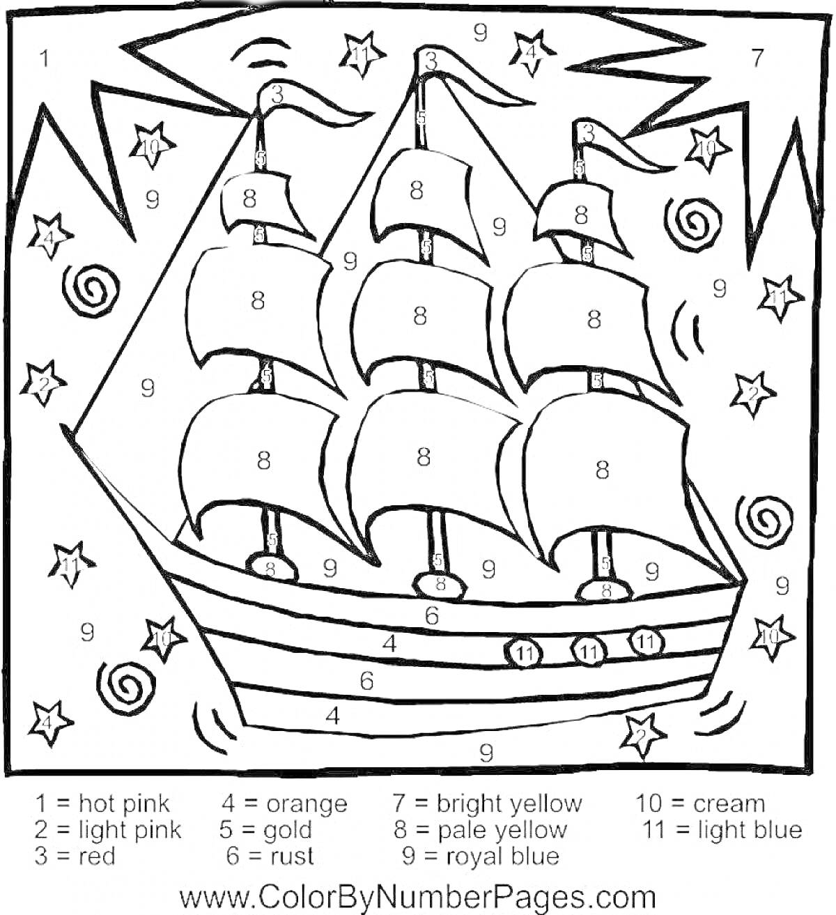 На раскраске изображено: По цифрам, Для мальчиков, Корабль, Море, Звезды, Волны, Парусники