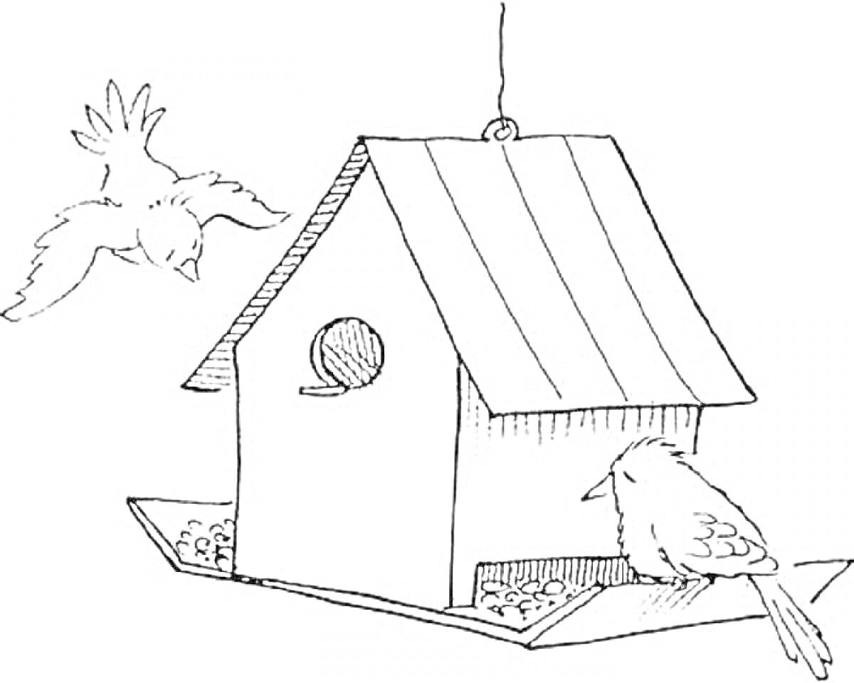 На раскраске изображено: Кормушка, Птица, Зерна, Кормление птиц, Домик для птиц, Природа