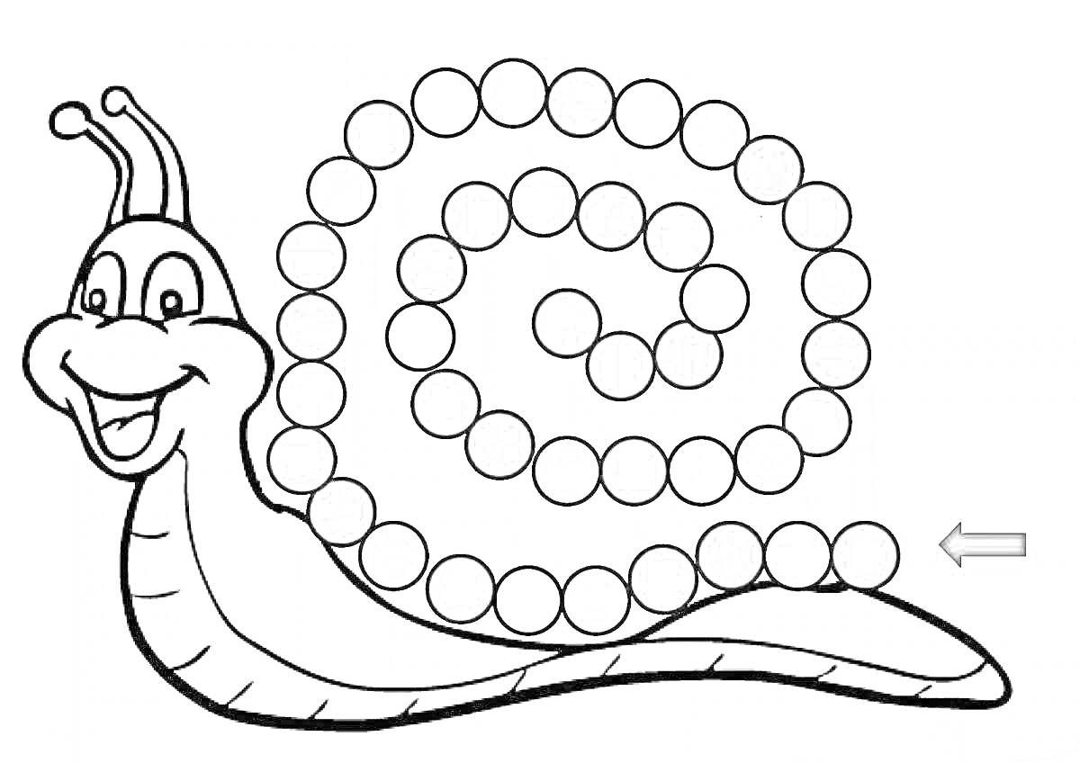 Раскраска Улитка с бусами, расположенными спиралью на раковине, с улыбающимся лицом улитки