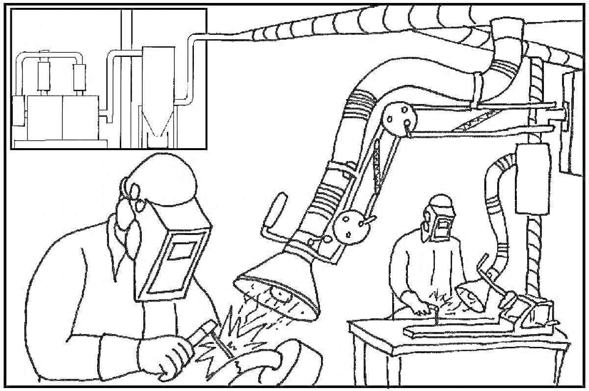 Раскраска Сварщики за работой в мастерской с вытяжной вентиляцией и сварочным оборудованием