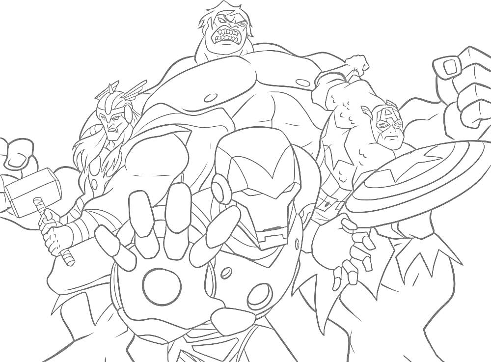 Раскраска Супергерои в боевой позе с щитом, маской, молотом и мощными руками