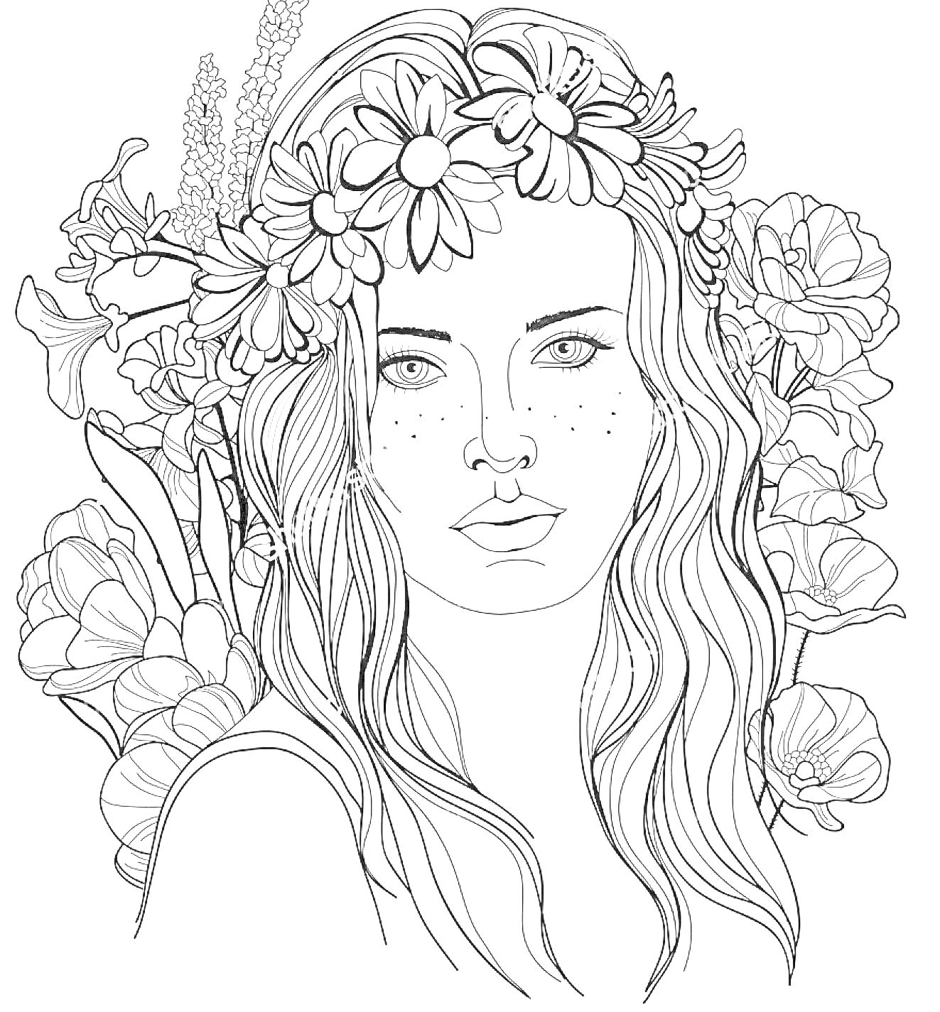 На раскраске изображено: Женщина, Цветы, Венок, Длинные волосы, Волнистые волосы, Полевые цветы, Природа, Портреты