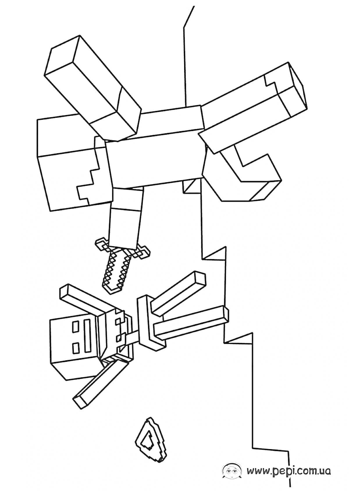 Раскраска Майнкрафт мутант зомби с мечом и человек со стрелой