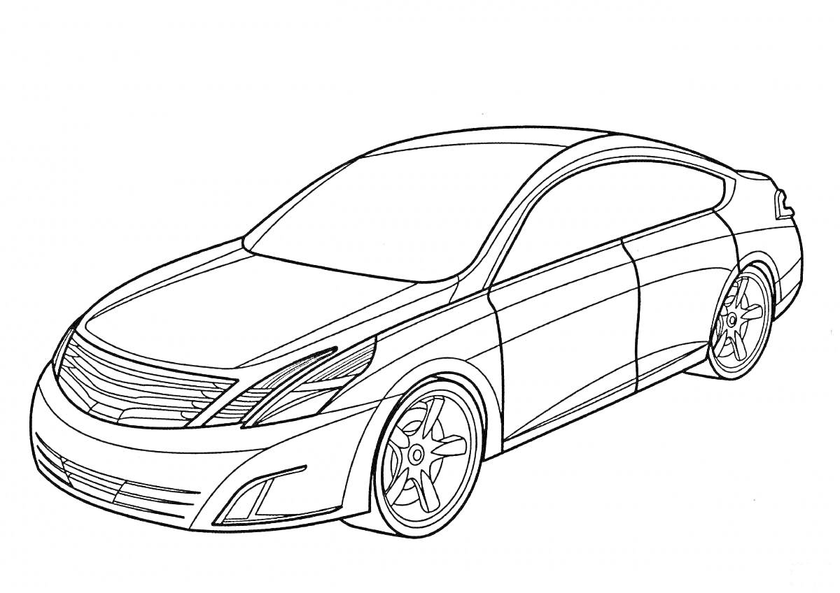 Раскраска Раскраска Nissan Almera: автомобиль, вид сбоку-спереди, дорожный обвес, колеса, фары, решетка радиатора, боковые зеркала, линии кузова