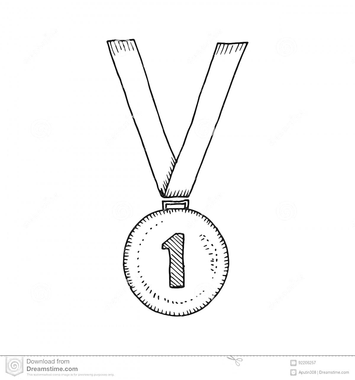 На раскраске изображено: Медаль, 1 место, Первое место, Лента, Награда, Спорт