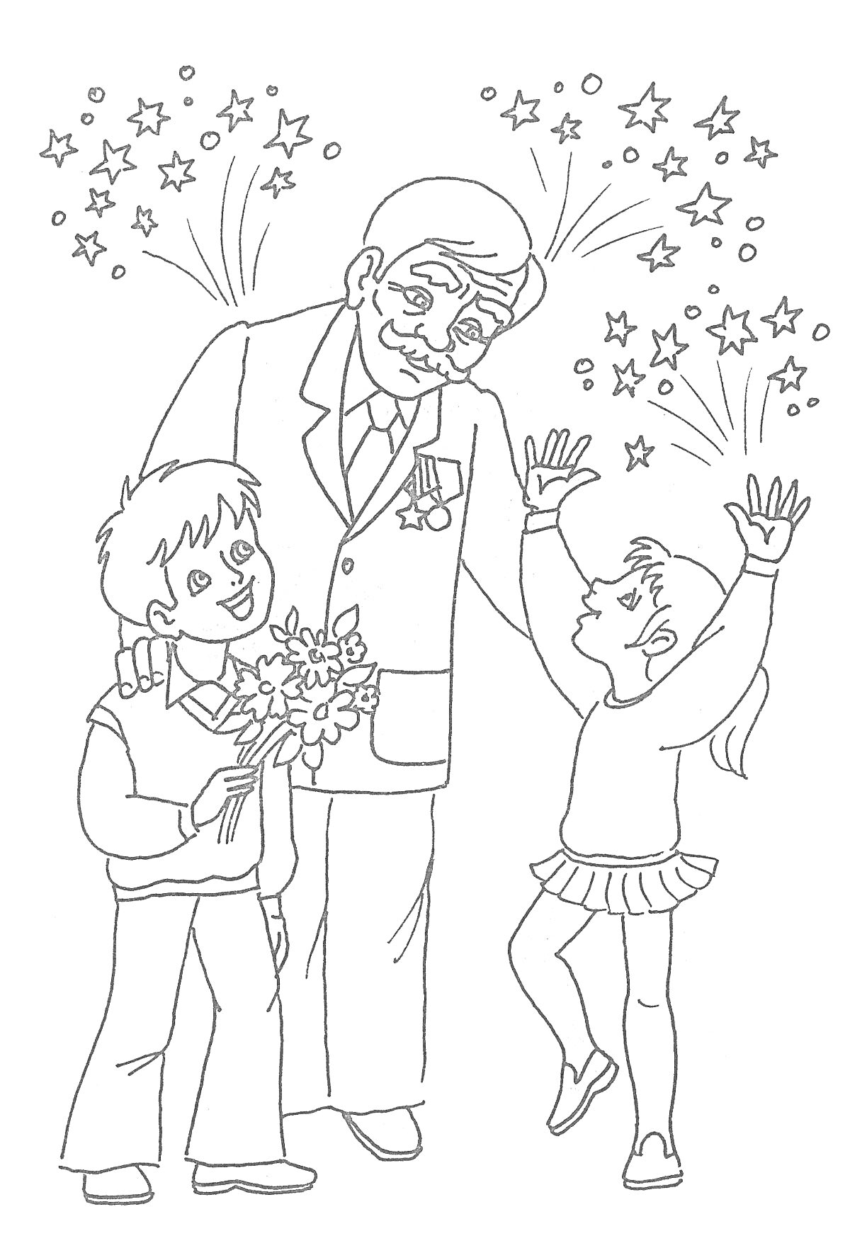 Раскраска День Победы, дедушка в военной форме с медалями, дедушка держит руку на плече мальчика с букетом цветов, девочка поднимает руки вверх, салют