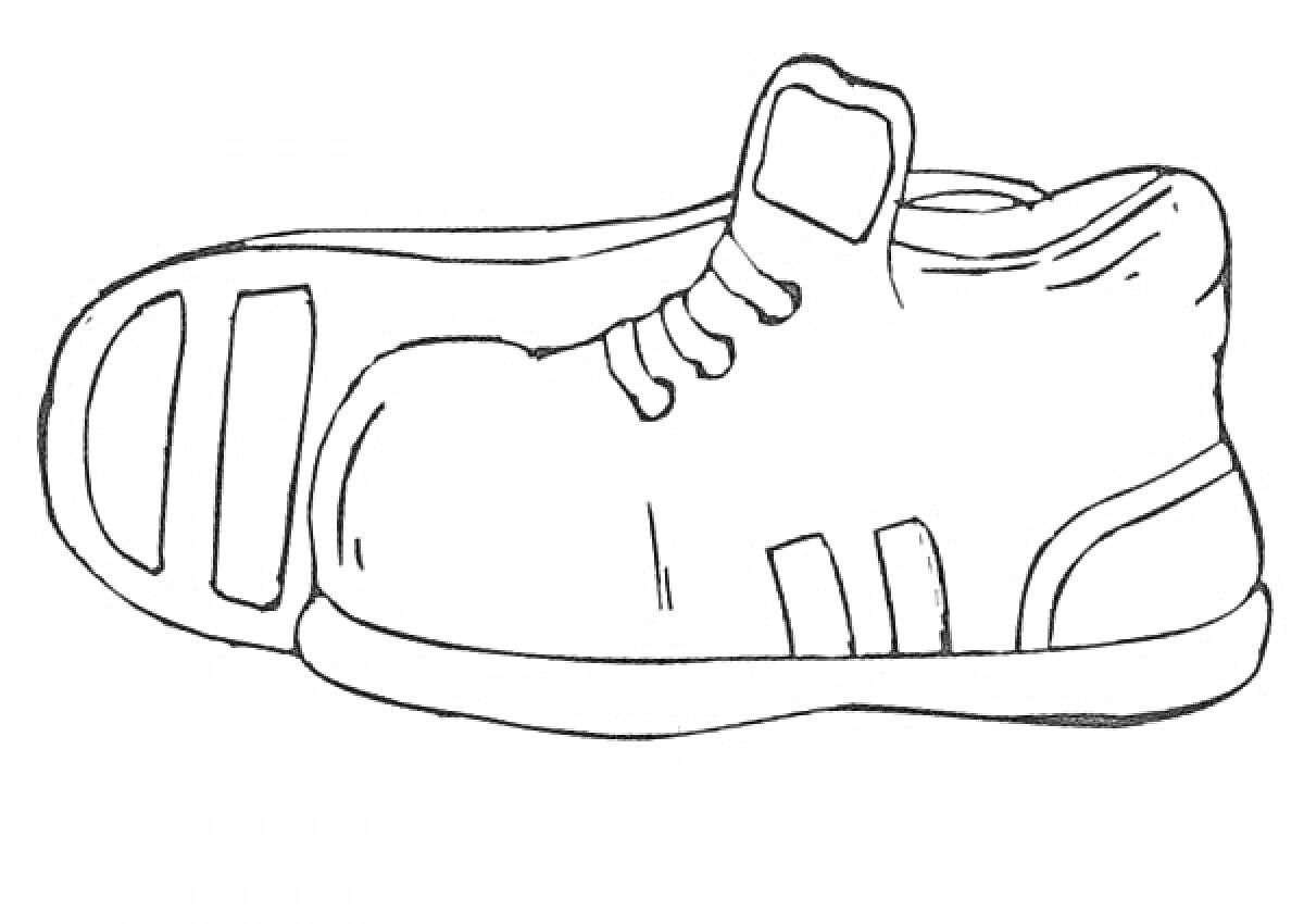 Раскраска Кроссовки с шнурками и полосками на подошве