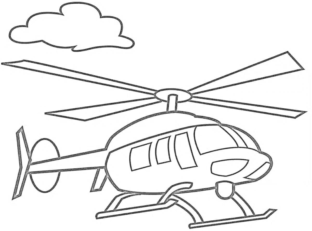 На раскраске изображено: Вертолет, Транспорт, Для детей, 3 года, 4 года, Лопасти, Иллюминаторы, Облака, Игрушки, Самолеты