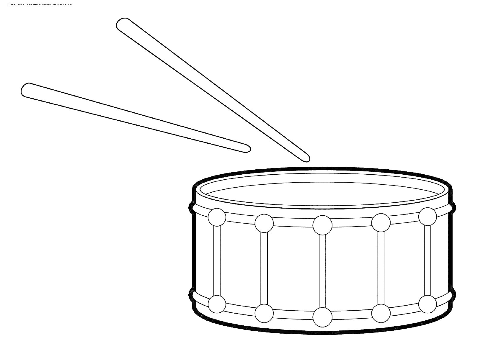 На раскраске изображено: Барабан, Барабанные палочки, Ударный инструмент, Музыка, Музыкальные инструменты