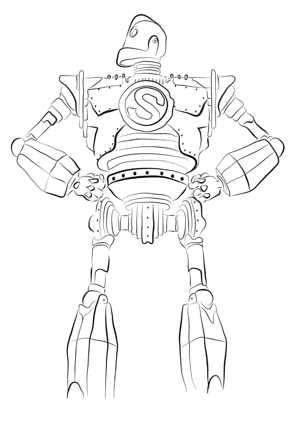 На раскраске изображено: Стальной гигант, Робот, Буква S, Боевой робот, Сжатые кулаки