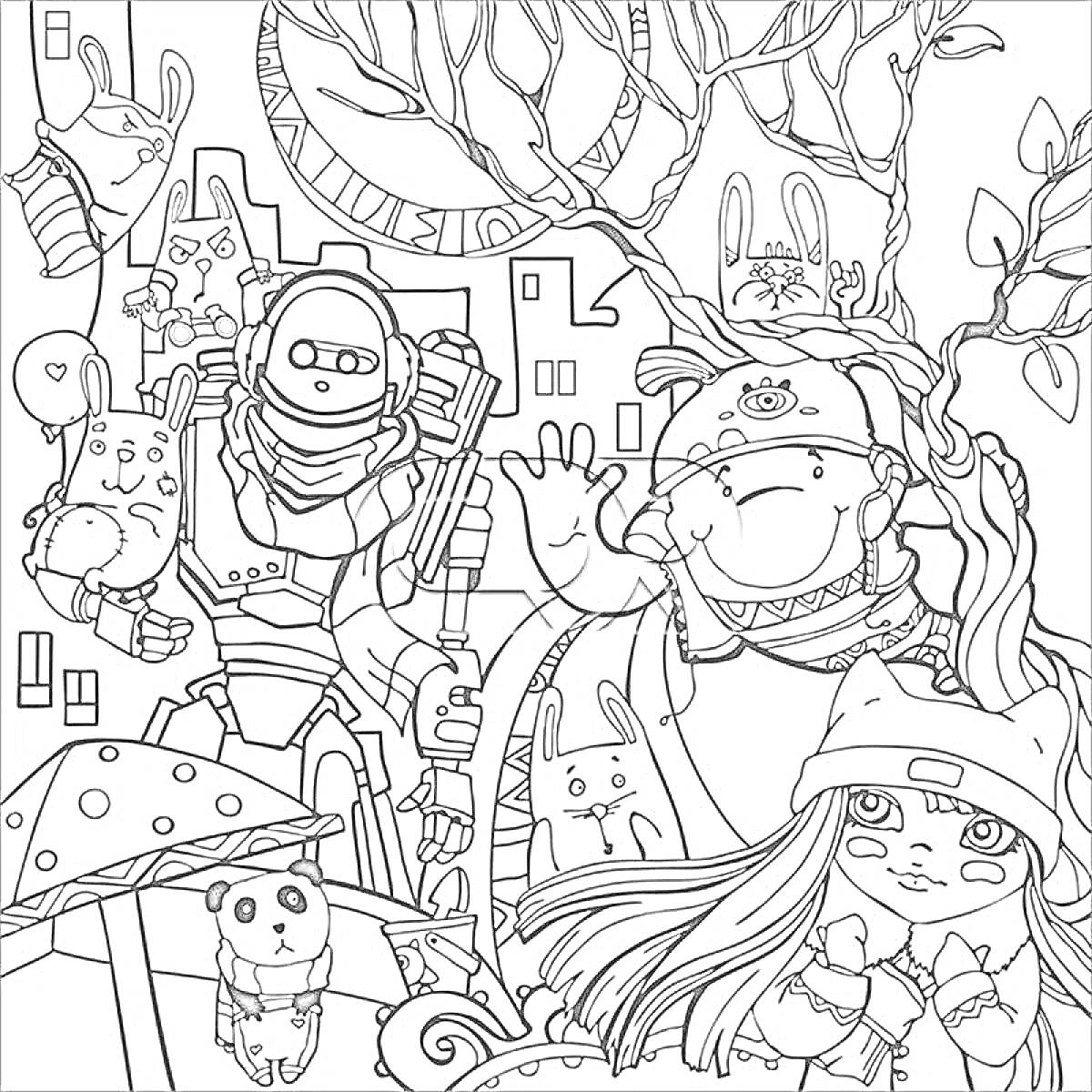 Раскраска Робот, мужчина с бородой, девочка в шапке с ушками, грибы, панда, кролики