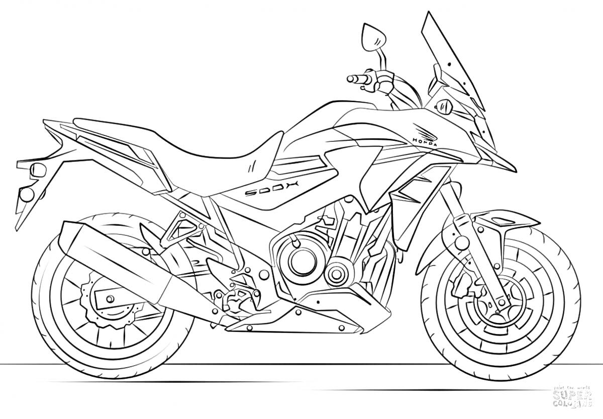 Раскраска Мотоцикл с боковым видом, с передним и задним колесами, передним обтекателем и зеркалами.