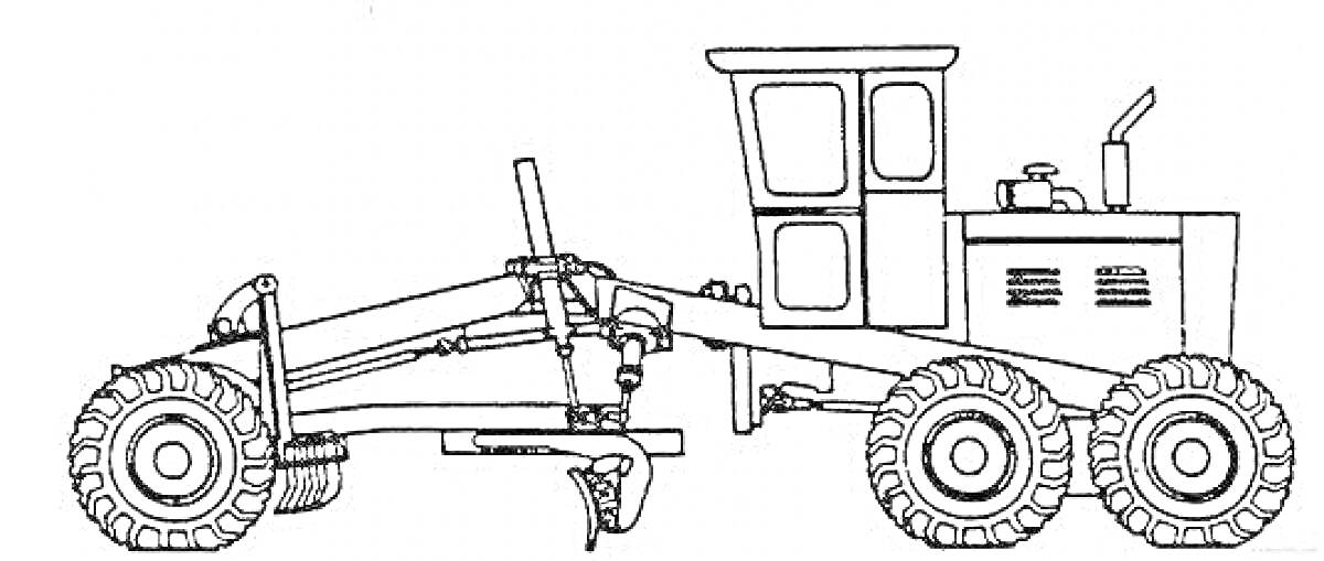 Грейдер с кабиной, лезвием и шестью колёсами