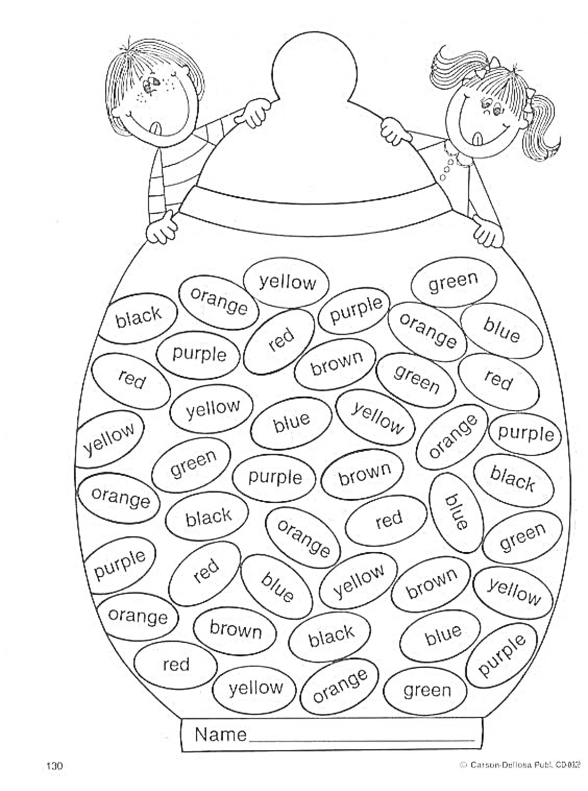 Раскраска Банка со сладостями, в которую дети затолкнули нарисованные овалы с названиями цветов на английском языке