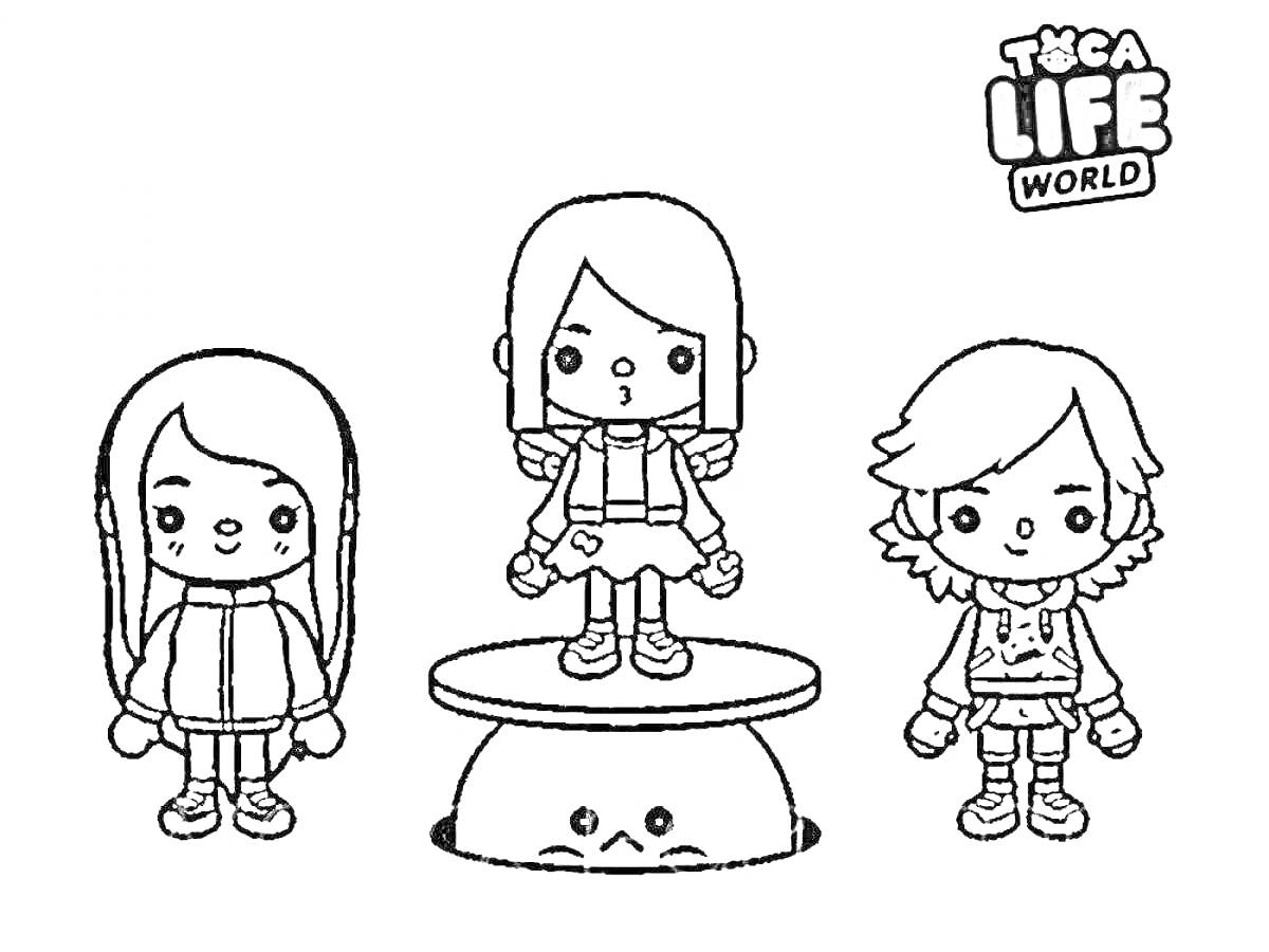 Раскраска Три персонажа с платформой и скрытым лицом камушка