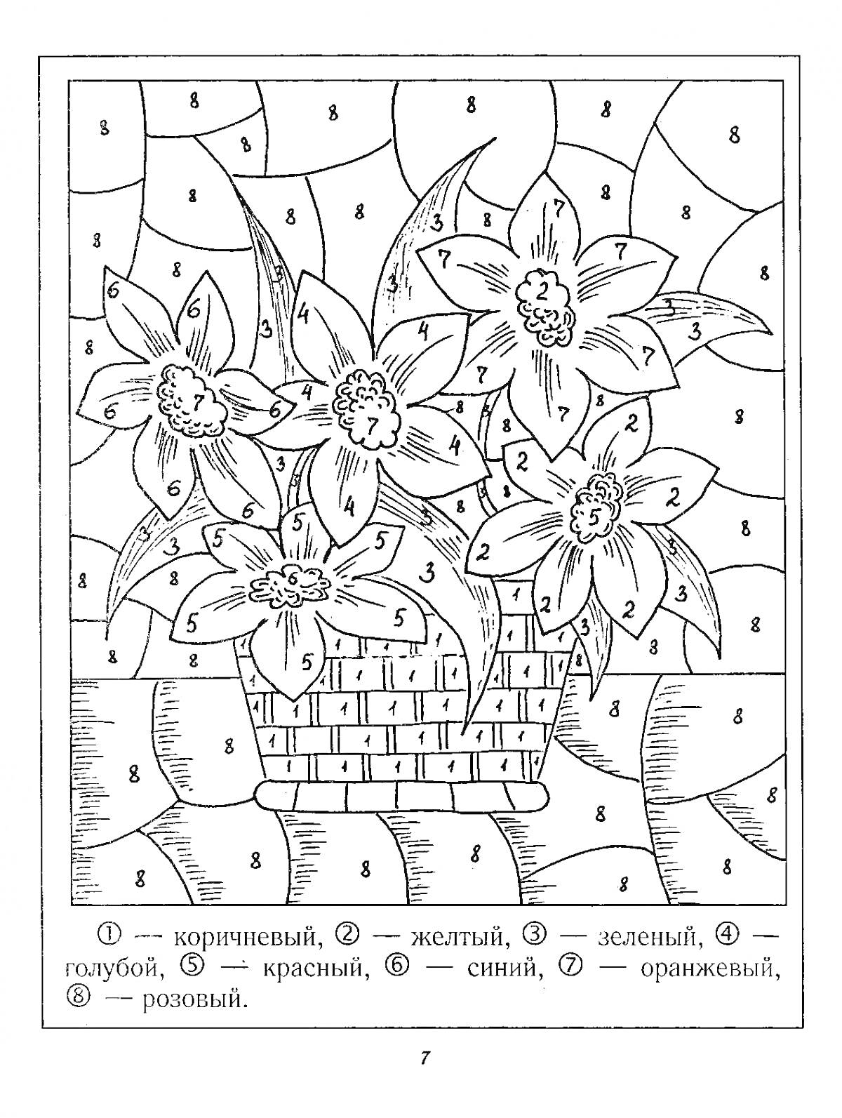 На раскраске изображено: Цветы, Корзина, По цифрам, Для детей, Листья