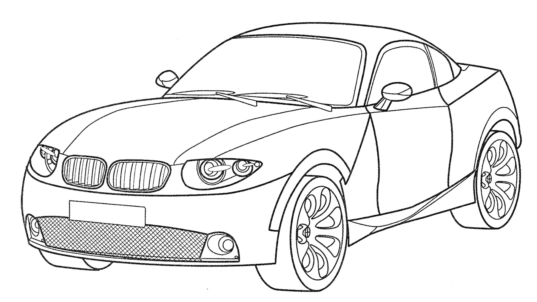 Раскраска BMW автомобиль с рельефными фарами, зеркалами заднего вида, колёсами и двухдверным кузовом