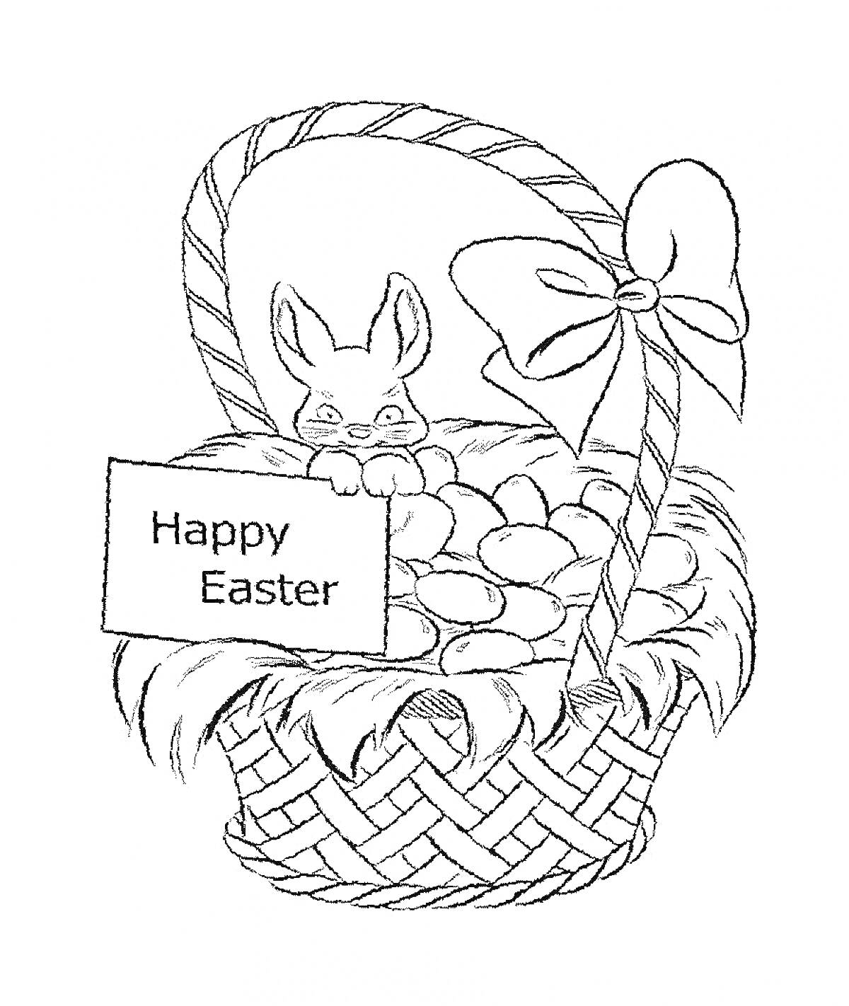Раскраска Пасхальная корзина с яйцами, кроликом и табличкой 